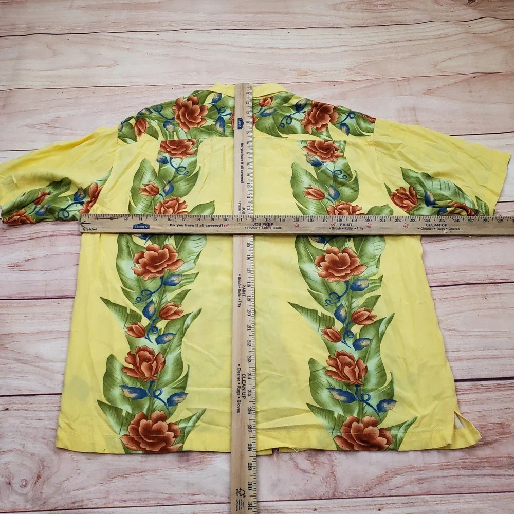 Tony Lambert‎ Shirt Mens Large Yellow Button Floral Tropical Rayon Hawaiian Camp